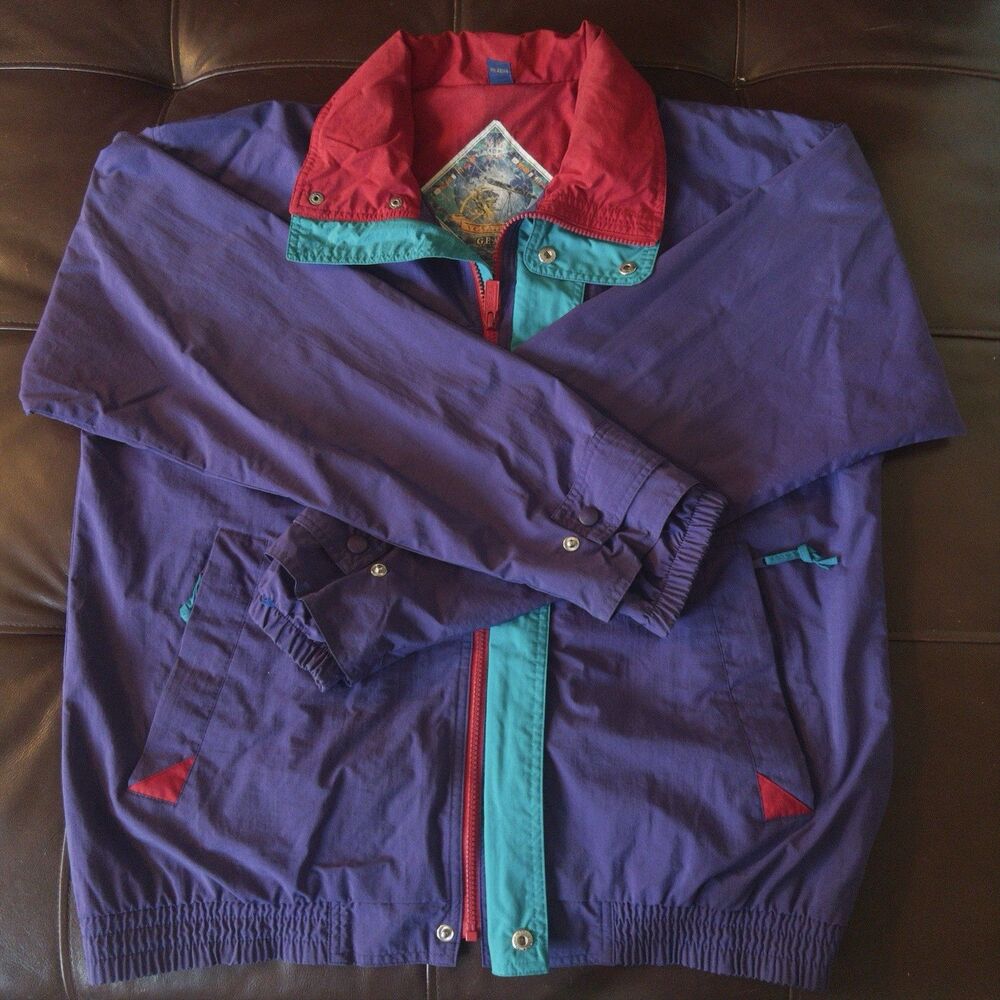 Vintage 90s Voyager Gear Jacket Purple Red Teal Colorblock Windbreaker Medium M